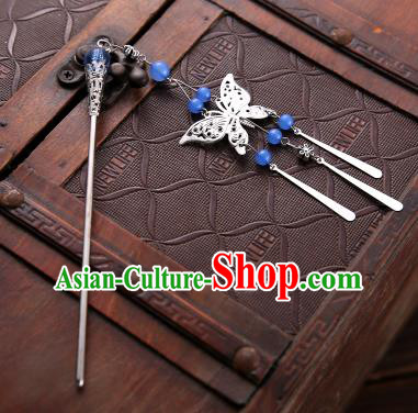 Asian Chinese Handmade Classical Hair Accessories Blue Beads Butterfly Tassel Hair Clip Hanfu Hairpins for Women