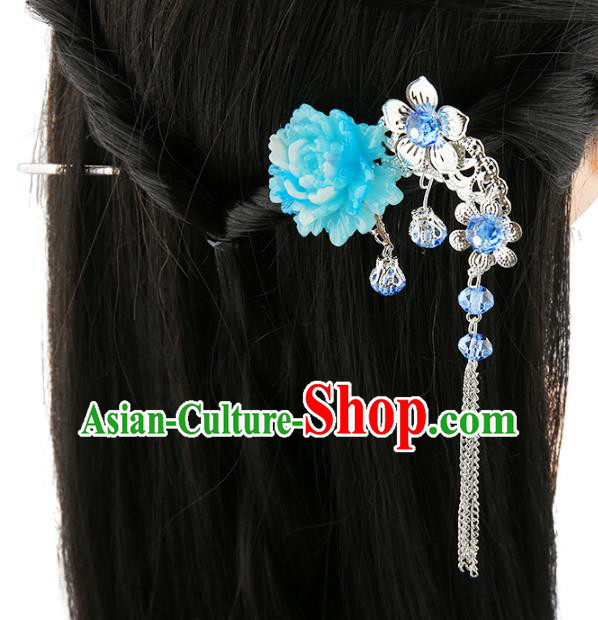 Asian Chinese Handmade Palace Lady Classical Hair Accessories Blue Flower Tassel Hairpins for Women