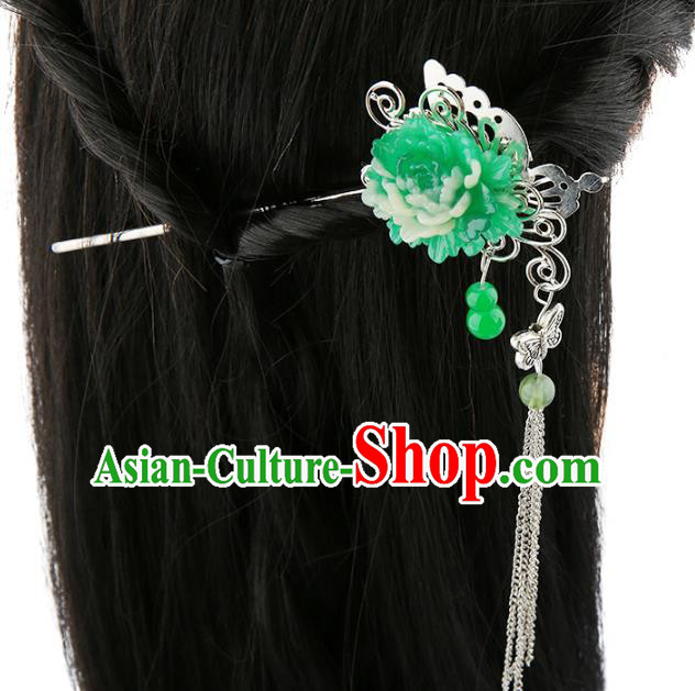 Asian Chinese Handmade Palace Lady Classical Hair Accessories Green Flower Tassel Hairpins for Women