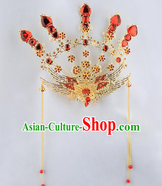 Asian Chinese Handmade Palace Lady Classical Hair Accessories Queen Phoenix Coronet Tassel Hairpins for Women