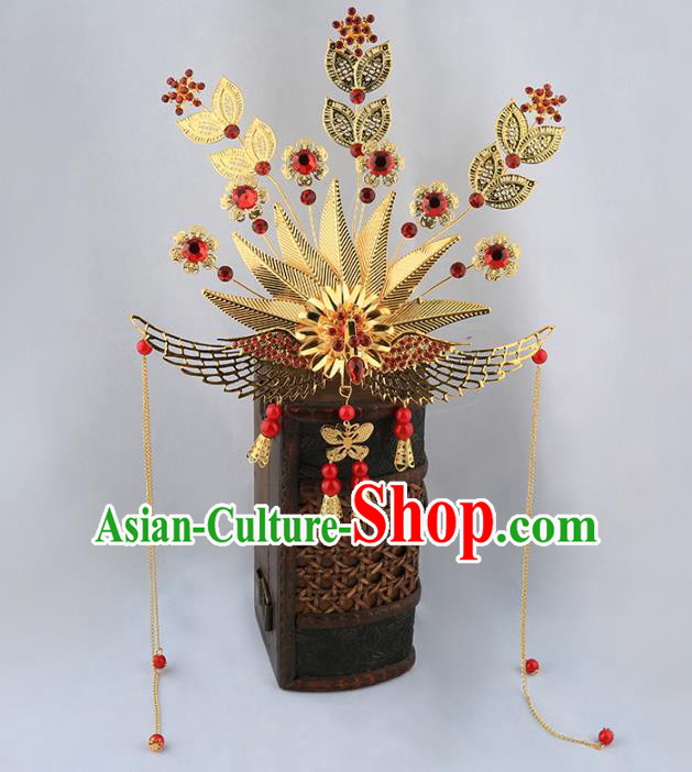Asian Chinese Handmade Palace Lady Classical Hair Accessories Queen Golden Phoenix Coronet Tassel Hairpins for Women