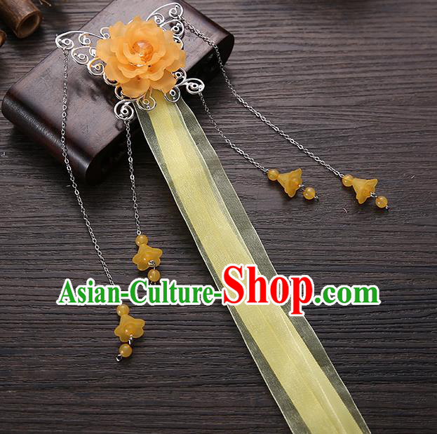 Handmade Asian Chinese Classical Hair Accessories Orange Ribbon Butterfly Hairpins Hanfu Hair Stick for Women