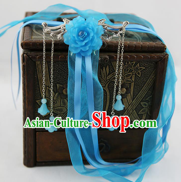 Asian Chinese Handmade Palace Lady Classical Hair Accessories Blue Silk Ribbon Hairpins Headwear for Women