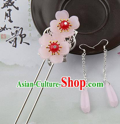 Asian Chinese Handmade Palace Lady Classical Hair Accessories Hanfu Pink Flowers Hairpins Headwear for Women