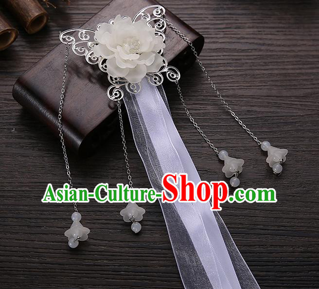 Handmade Asian Chinese Classical Hair Accessories White Ribbon Butterfly Hairpins Hanfu Hair Stick for Women