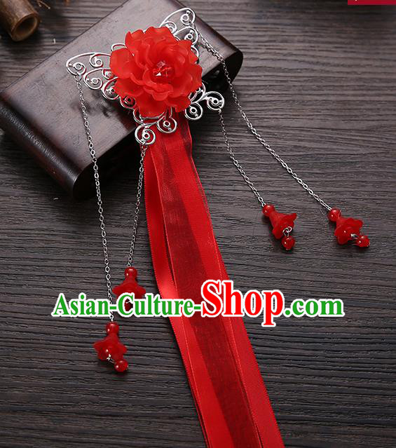 Handmade Asian Chinese Classical Hair Accessories Red Ribbon Butterfly Hairpins Hanfu Hair Stick for Women