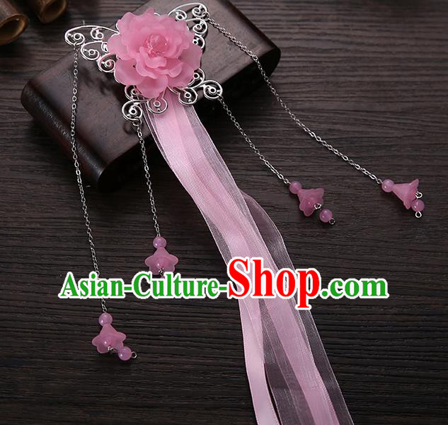 Handmade Asian Chinese Classical Hair Accessories Pink Ribbon Butterfly Hairpins Hanfu Hair Stick for Women