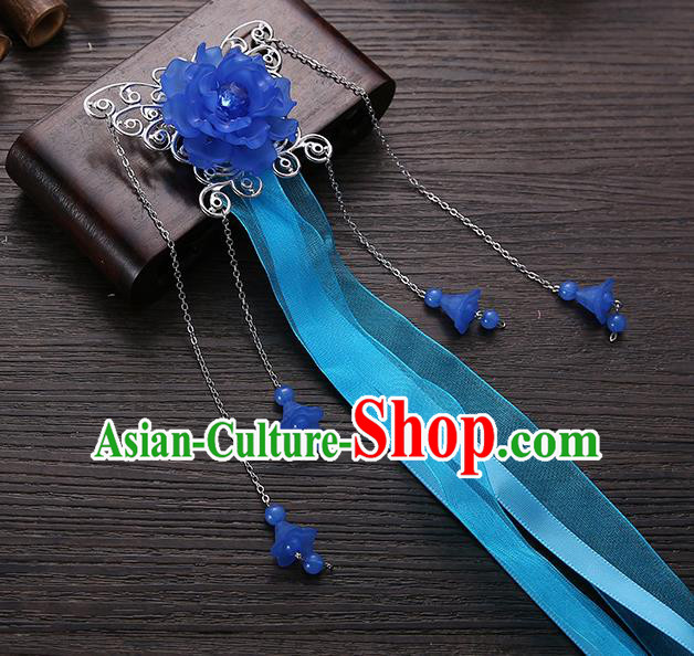 Handmade Asian Chinese Classical Hair Accessories Blue Ribbon Butterfly Hairpins Hanfu Hair Stick for Women