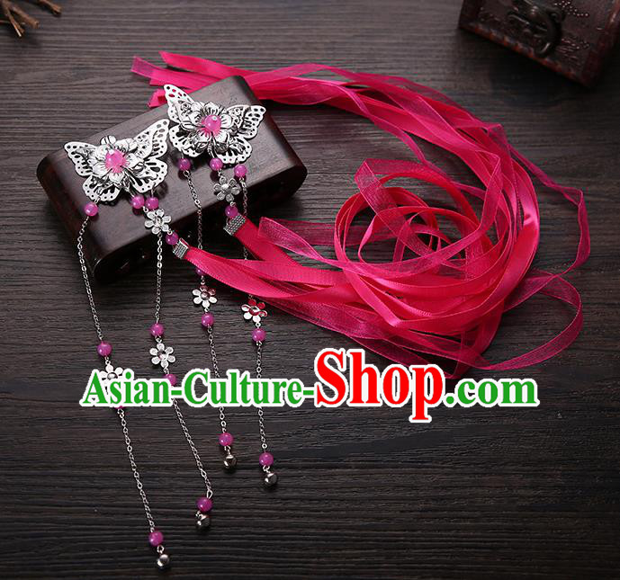 Handmade Asian Chinese Classical Hair Accessories Rosy Silk Ribbon Butterfly Hairpins Hanfu Hair Claw for Women