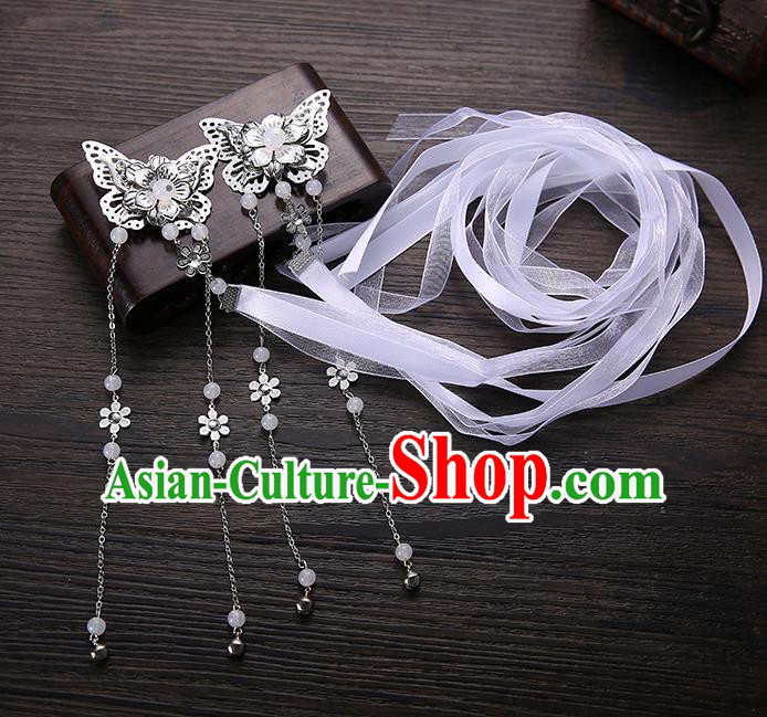 Handmade Asian Chinese Classical Hair Accessories White Silk Ribbon Butterfly Hairpins Hanfu Hair Claw for Women