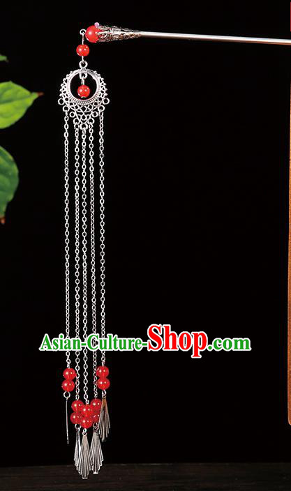 Handmade Asian Chinese Classical Hair Accessories Red Blue Beads Tassel Hairpins Hanfu Step Shake for Women