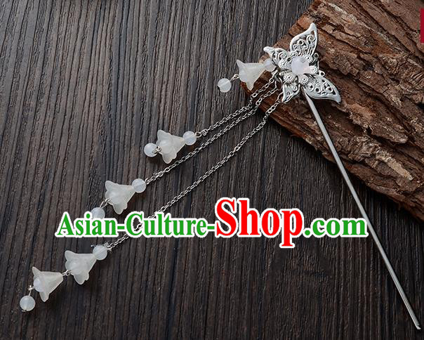 Handmade Asian Chinese Classical Hair Accessories Butterfly Hairpins Hanfu White Tassel Step Shake for Women