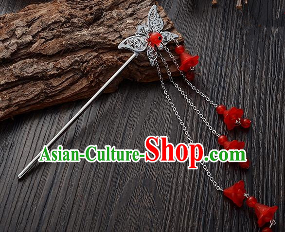 Handmade Asian Chinese Classical Hair Accessories Butterfly Hairpins Hanfu Red Tassel Step Shake for Women