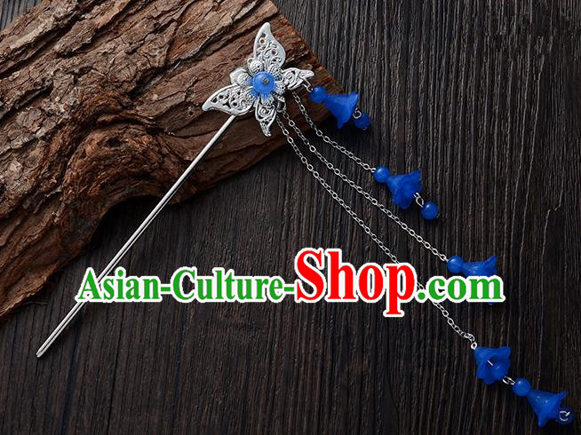 Handmade Asian Chinese Classical Hair Accessories Butterfly Hairpins Hanfu Deep Blue Tassel Step Shake for Women