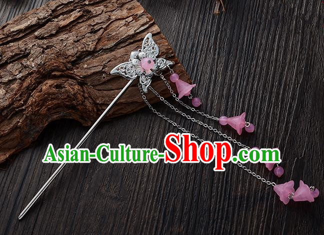 Handmade Asian Chinese Classical Hair Accessories Butterfly Hairpins Hanfu Pink Tassel Step Shake for Women