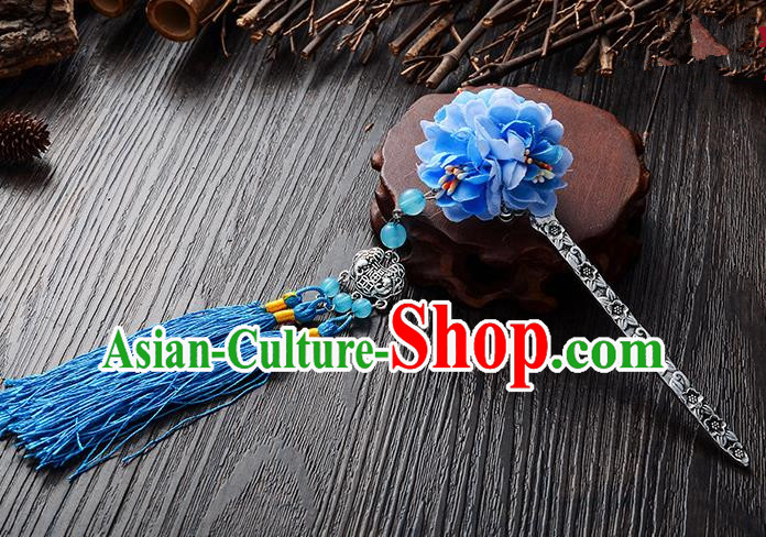 Handmade Asian Chinese Classical Hair Accessories Hairpins Hanfu Blue Flower Tassel Hair Stick for Women