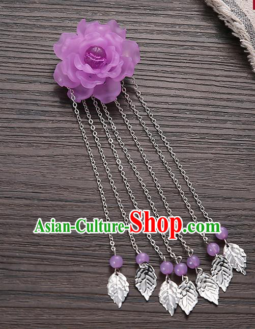 Asian Chinese Handmade Classical Hair Accessories Purple Flower Hairpins Hanfu Tassel Hair Claw for Women