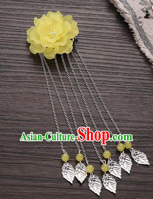 Asian Chinese Handmade Classical Hair Accessories Yellow Flower Hairpins Hanfu Tassel Hair Claw for Women