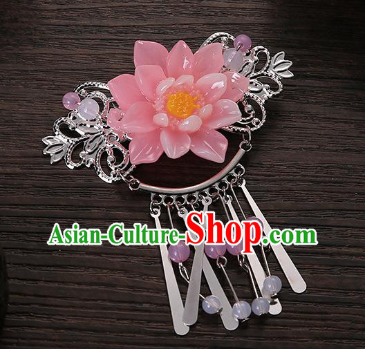 Asian Chinese Handmade Classical Hair Accessories Pink Flower Tassel Hair Comb Hairpins for Women