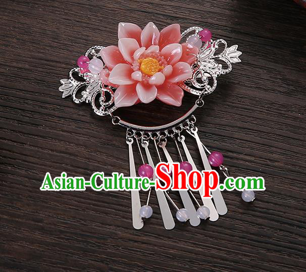 Asian Chinese Handmade Classical Hair Accessories Pink Flower Tassel Hair Comb Hairpins for Women