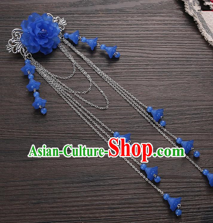 Asian Chinese Handmade Classical Hair Accessories Deep Blue Long Tassel Hair Claw Hanfu Hairpins for Women