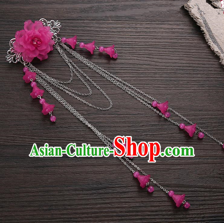 Asian Chinese Handmade Classical Hair Accessories Rosy Long Tassel Hair Claw Hanfu Hairpins for Women