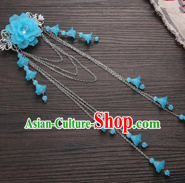 Asian Chinese Handmade Classical Hair Accessories Blue Long Tassel Hair Claw Hanfu Hairpins for Women