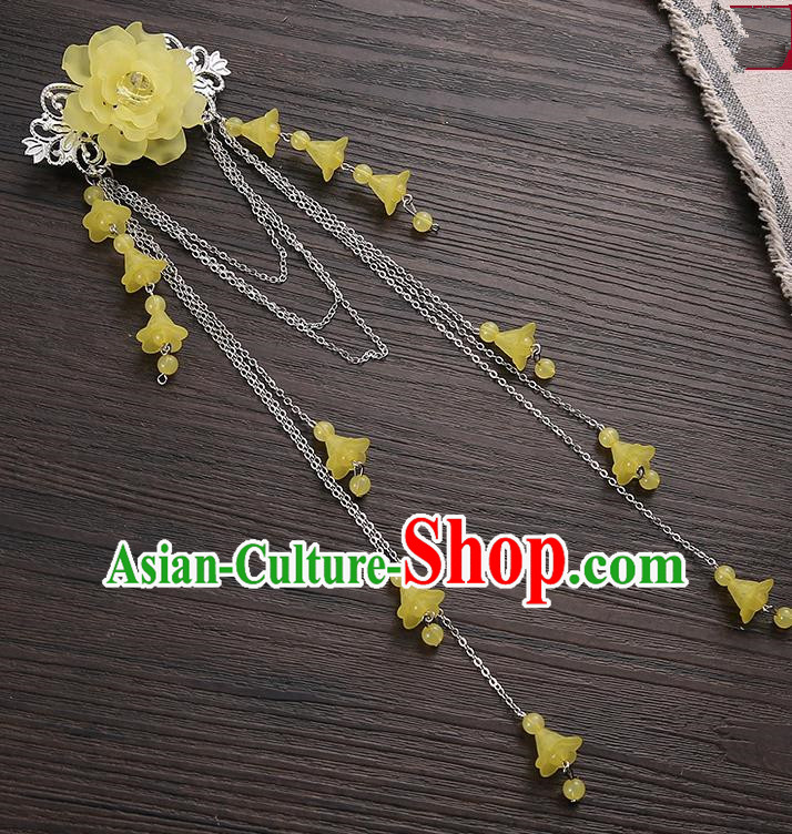 Asian Chinese Handmade Classical Hair Accessories Yellow Long Tassel Hair Claw Hanfu Hairpins for Women