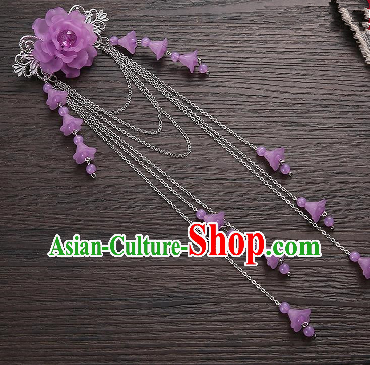 Asian Chinese Handmade Classical Hair Accessories Purple Long Tassel Hair Claw Hanfu Hairpins for Women