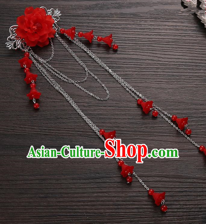 Asian Chinese Handmade Classical Hair Accessories Red Long Tassel Hair Claw Hanfu Hairpins for Women