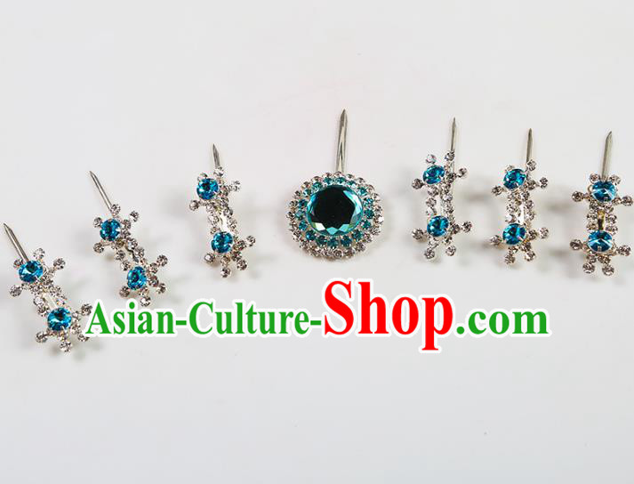 Chinese Beijing Opera Actress Hair Accessories Blue Crystal Hairpins, China Peking Opera Diva Headpiece