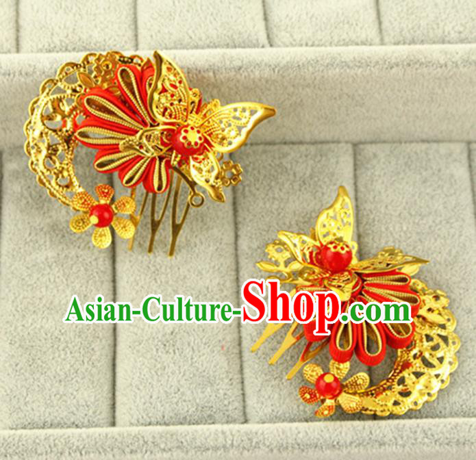 Asian Chinese Handmade Classical Hair Accessories Princess Hairpins Red Butterfly Hair Comb for Women