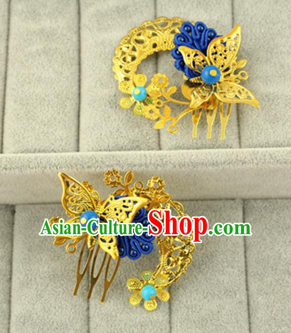 Asian Chinese Handmade Classical Hair Accessories Princess Hairpins Blue Butterfly Hair Comb for Women