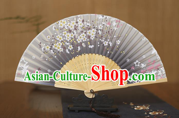 Traditional Chinese Crafts Printing Flowers Grey Folding Fan, China Sensu Paper Fans for Women