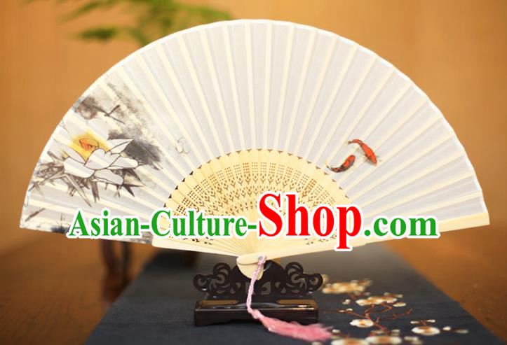 Traditional Chinese Crafts Printing Lotus White Folding Fan, China Sensu Paper Fans for Women