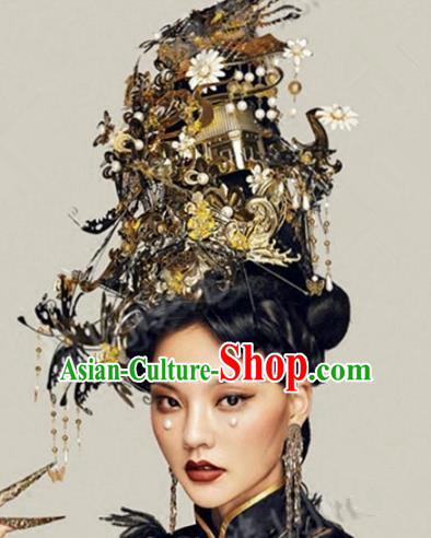 Asian Chinese Ancient Handmade Classical Hair Accessories Hairpins Exaggerated Headdress Phoenix Coronet Complete Set for Women