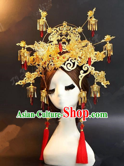 Asian Chinese Ancient Handmade Classical Hair Accessories Hairpins Xiuhe Suit Golden Phoenix Coronet for Women