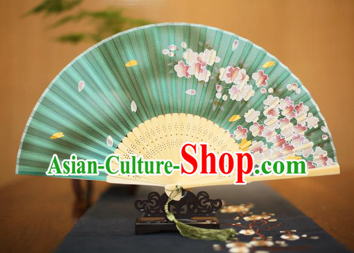 Traditional Chinese Crafts Printing Flowers Green Folding Fan, China Sensu Paper Fans for Women