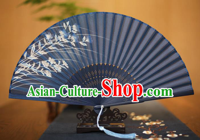 Traditional Chinese Crafts Printing Orchid Blue Folding Fan, China Sensu Paper Fans for Women