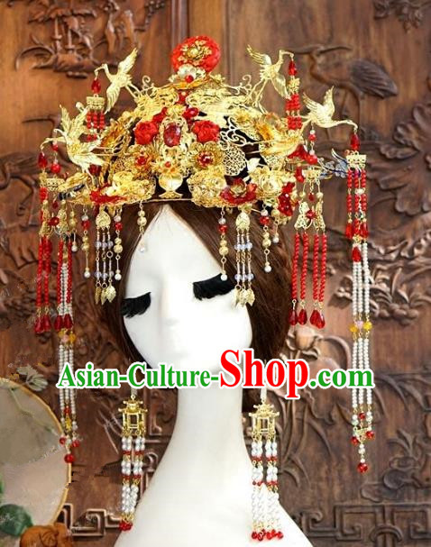 Chinese Ancient Handmade Classical Wedding Hair Accessories Exaggerated Phoenix Coronet Xiuhe Suit Bride Hairpins for Women