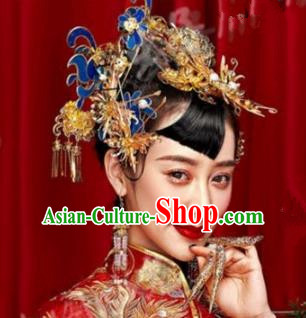 Asian Chinese Handmade Classical Hair Accessories Bride Xiuhe Suit Blueing Hairpins Complete Set for Women