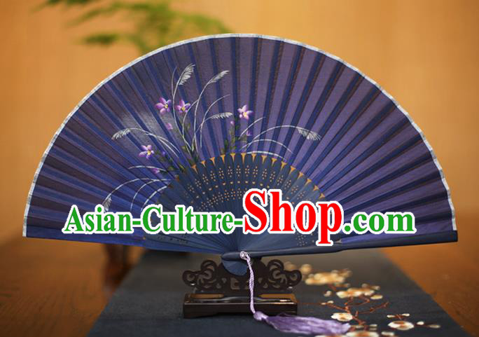 Traditional Chinese Crafts Printing Orchid Blue Folding Fan, China Sensu Paper Fans for Women