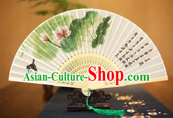 Traditional Chinese Crafts Printing Lotus White Folding Fan, China Sensu Paper Fans for Women