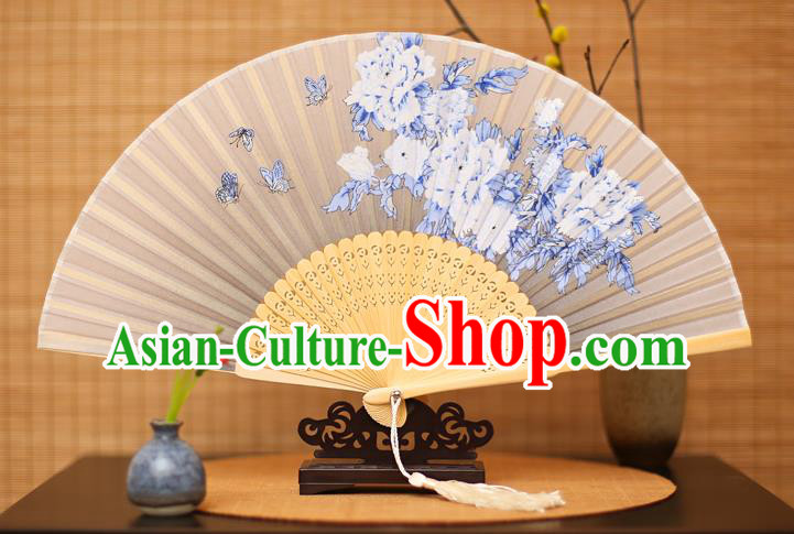 Traditional Chinese Crafts Printing Peony White Folding Fan, China Sensu Paper Fans for Women