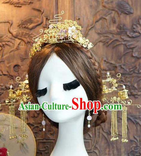 Chinese Handmade Classical Hair Accessories Ancient Palace Lady Golden Phoenix Coronet Hairpins for Women