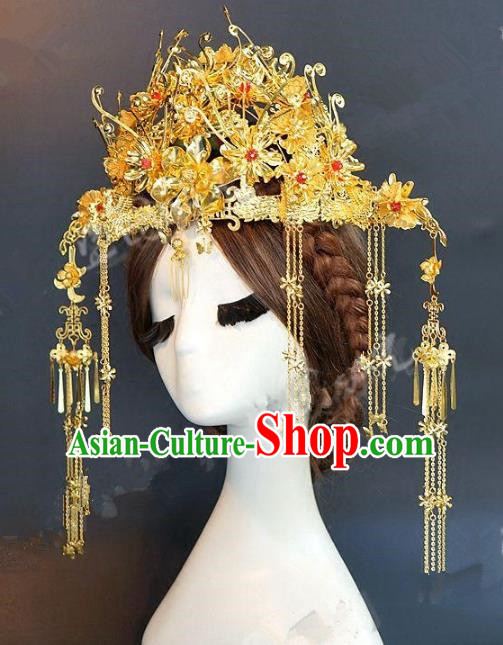 Chinese Handmade Classical Hair Accessories Ancient Hairpins Bride Golden Tassel Phoenix Coronet for Women