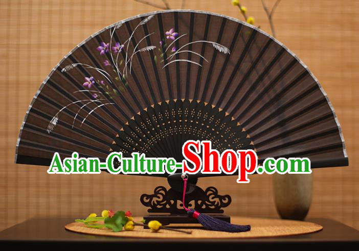 Traditional Chinese Crafts Printing Orchid Black Folding Fan, China Sensu Paper Fans for Women