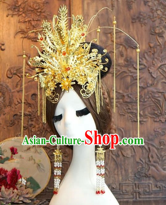 Chinese Ancient Handmade Classical Wedding Hair Accessories Xiuhe Suit Golden Phoenix Coronet Hairpins Complete Set for Women