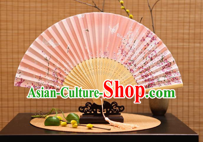 Traditional Chinese Crafts Printing Flowers Butterfly Pink Folding Fan, China Sensu Paper Fans for Women