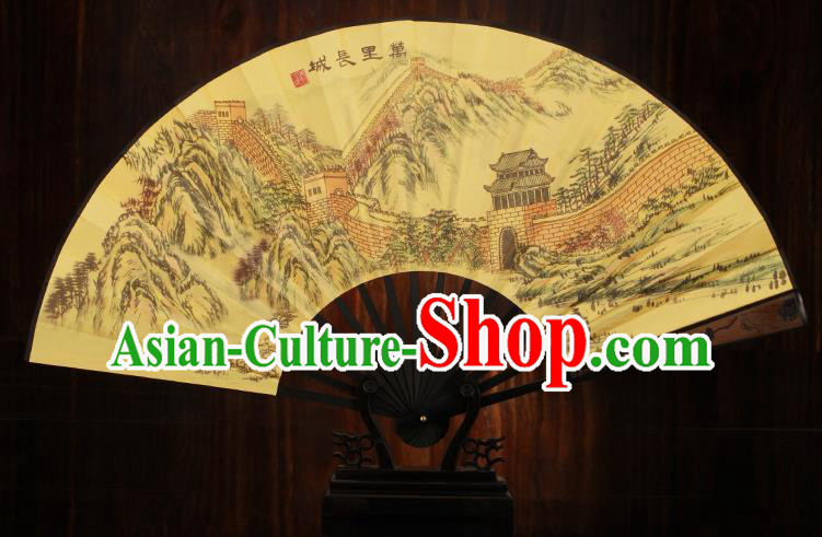 Traditional Chinese Crafts Printing Great Wall Folding Fan, China Sculpture Framework Silk Fans for Men